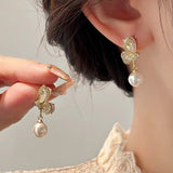 14K Gold-Plated Zircon Butterfly Pearl Earrings