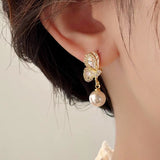 14K Gold-Plated Zircon Butterfly Pearl Earrings