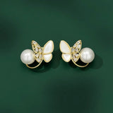 14K Gold-Plated Zircon Butterfly Pearl Studs