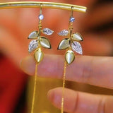 14K Gold-Plated Zircon Cat’s Eye Leaf Threader Earrings