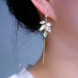 14K Gold-Plated Zircon Cat’s Eye Leaf Threader Earrings