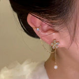 14K Gold-Plated Zircon Flower Chain Ear Clip Earrings ( 1 Pair )