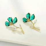 14K Gold-Plated Zircon Green Flower Earrings