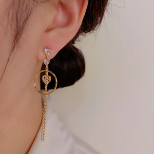 14K Gold-Plated Zircon Heart Tassel Earrings