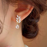 14K Gold-Plated Zircon Leaf Flower Earrings