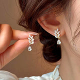 14K Gold-Plated Zircon Leaf Flower Earrings