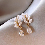 14K Gold-Plated Zircon Leaf Flower Earrings