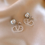 14K Gold-Plated Zircon Pearl V Letter Earrings