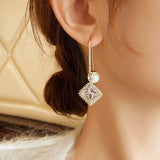 14K Gold-Plated Zircon Square Pearl Earrings