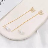 14K Gold-plated Artificial Pearl Butterfly Threader Earrings