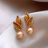 14K Gold-plated Artificial Pearl Leaf Earrings