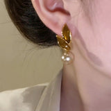 14K Gold-plated Artificial Pearl Leaf Earrings