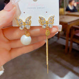 14K Gold-plated Asymmetric Zircon Butterfly Pearl Earrings