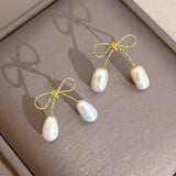 14K Gold-plated Bow Pearl Earrings