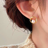 14K Gold-plated Circle Pearl Stud Earrings