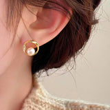 14K Gold-plated Circle Pearl Stud Earrings