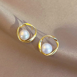 14K Gold-plated Circle Pearl Stud Earrings