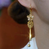 14K Gold-plated Diamond Flower Leaf Long Tassel Fzace-Slimming Earrings