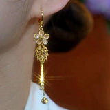 14K Gold-plated Diamond Flower Leaf Long Tassel Fzace-Slimming Earrings