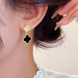 14K Gold-plated Diamond Four-Leaf Clover Black And White Earrings