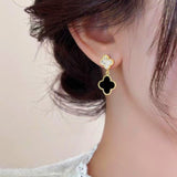 14K Gold-plated Diamond Four-Leaf Clover Black And White Earrings