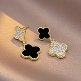 14K Gold-plated Diamond Four-Leaf Clover Black And White Earrings