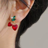 14K Gold-plated Elegant Diamond Crystal Heart-Shaped Cherry Earrings