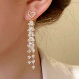 14K Gold-plated Shiny Heart Crystal Tassel Earrings