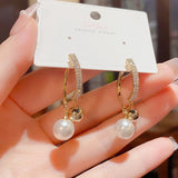 14K Gold-plated Zircon Artificial Pearl Earrings