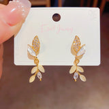 14K Gold-plated Zircon Cat's Eye Leaf Earrings