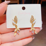 14K Gold-plated Zircon Cat's Eye Leaf Earrings