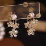 14K Gold-plated Zircon Flower Pearl Earrings