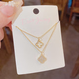 14K Gold Plated Double-Layered Four-Leaf Fower Necklaces