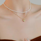 14K Gold Plated Double Layer Heart And Pearl Necklaces