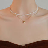 14K Gold Plated Double Layer Heart And Pearl Necklaces