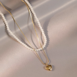 14K Gold Plated Double Layer Heart And Pearl Necklaces