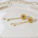 14K Gold Plated Rotating Daisy Sunflower Pearl Earrings Necklace And Ring Sets