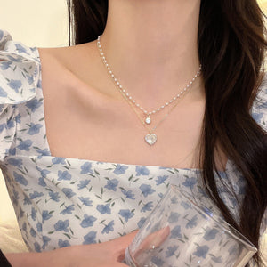 14K Gold Plated Zircon Pearl Double-Layer Heart Necklaces