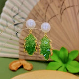 14k Gold-Plated Exquisite Green Crystal Leaf Earrings