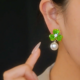 14k Gold-Plated Green Flower Pearl Earrings