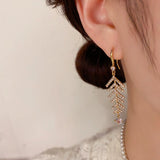 14k Gold-Plated Simple And Unique Zircon Leaf Tassel Ear Hooks