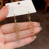 14k Gold-Plated Simple And Unique Zircon Leaf Tassel Ear Hooks