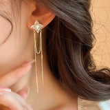 14k Gold-Plated Zircon Four-Pointed Star Long Tassel Earrings