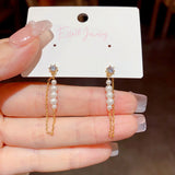 14k Gold-Plated Zircon Pearl Chain Earrings