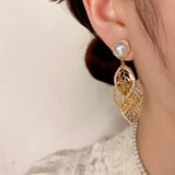 14k Gold-Plated Zircon Pearl Leaf Tassel Earrings