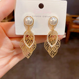 14k Gold-Plated Zircon Pearl Leaf Tassel Earrings