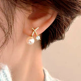 14k Gold-Plated Zircon Pearl Stud Earrings