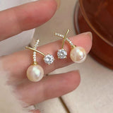 14k Gold-Plated Zircon Pearl Stud Earrings