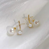 14k Gold-Plated Zircon Pearl Stud Earrings