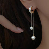 18K Gold-plated Elegant Zircon Long Tassel Pearl Earrings